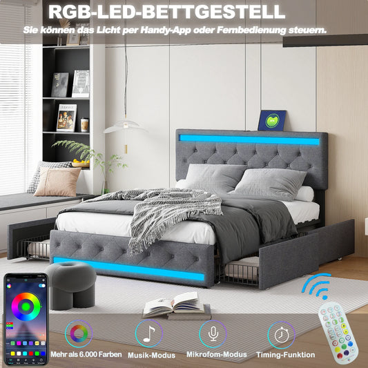 Rosahqnda Polsterbett 140 x 200 cm, mit USB-Anschluss und LED-Beleuchtung, 4 Schubladen, Doppelbett mit Stauraum, Leinen, Dunkelgrau