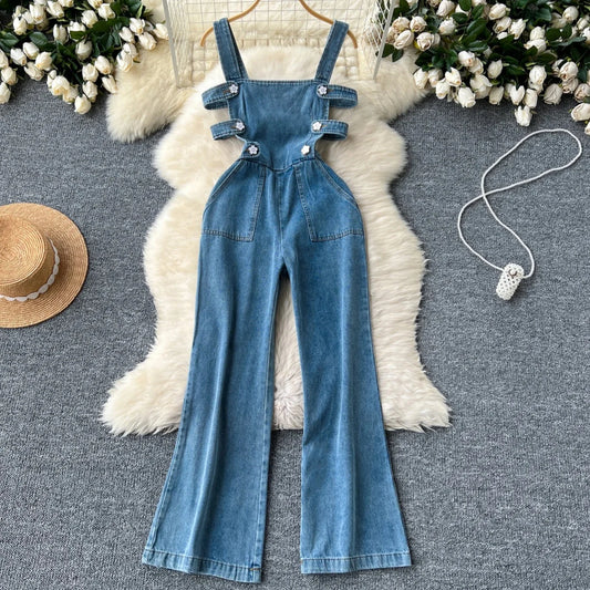 Jumpsuits Women Denim Suspender Jeans One Piece Wide Leg Pants Washed Mom Distressed Pockets Trousers Summer 2025 Streetwear.