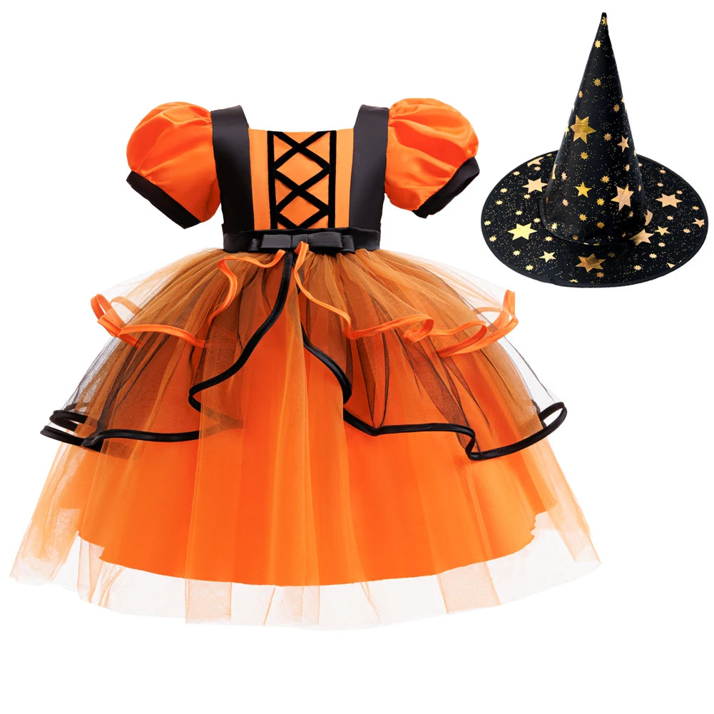Orangefarbenes Halloween-Kinderkleid für 2–10 Jahre, Polyestermaterial, Puffärmel und mehrlagiger Tüllrock, süße Prinzessinnenkleidung