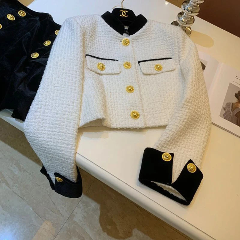Mode Nähen Tweed Kurze Jacke Frauen Herbst Winter Elegante Büro Dame Mantel Y2K Koreanische O Neck Einreiher Crop Outwear