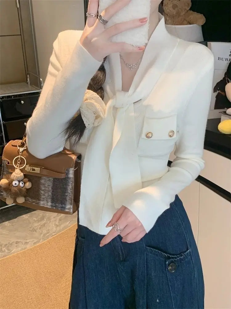 Frauen Frühling Herbst Einfachheit Büro Dame V-ausschnitt Einfarbig Langarm Strickwaren Damen Mode Alle-spiel Temperament Tops