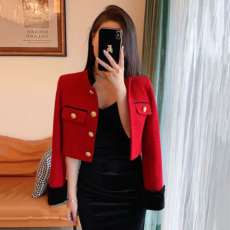Mode Nähen Tweed Kurze Jacke Frauen Herbst Winter Elegante Büro Dame Mantel Y2K Koreanische O Neck Einreiher Crop Outwear