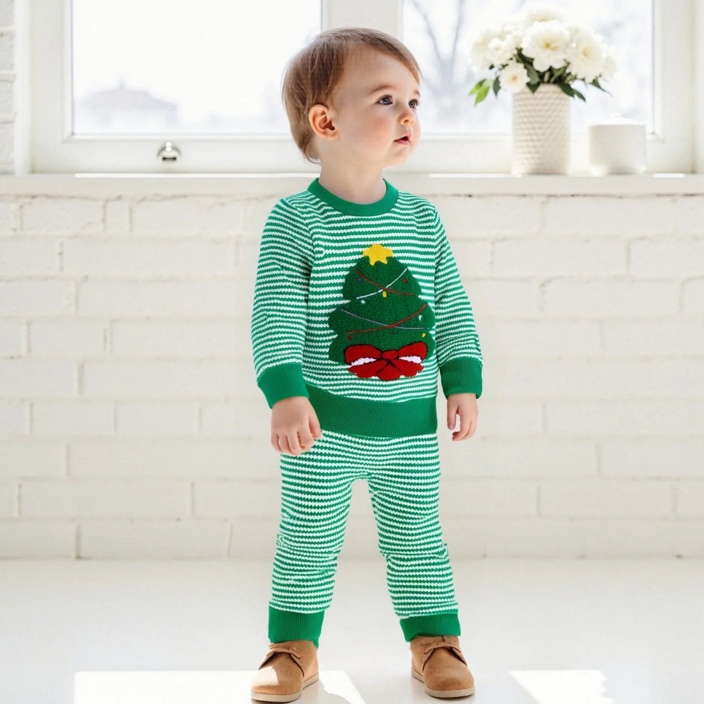 Weihnachts-Baby-Kleidung aus Baumwolle, 2-teiliges Set, 0–3 Jahre, gestreiftes Sweatshirt und Hose für Kleinkinder mit besticktem Weihnachtsbaum-Outfit.