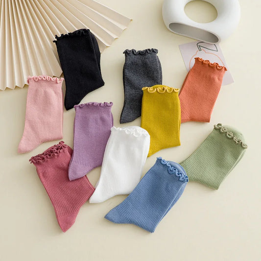 5 Pairs of Women's Solid Color Cotton Socks Japanese Style Ruffle Stacked Socks Cute Laciness Women's Long Socks.
