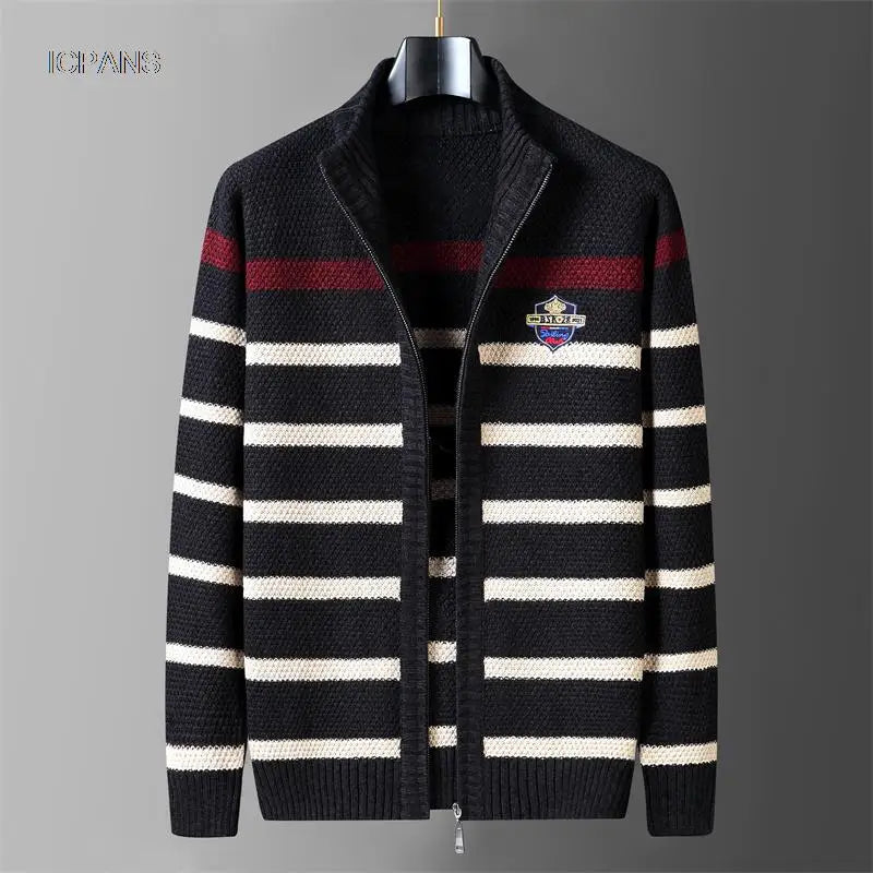 Winter Wool Liner Sweater Cardigan Man Knit Striped Stand Collar Jacket Outwear Knitted Sweatercoat Men Vintage Clothing.