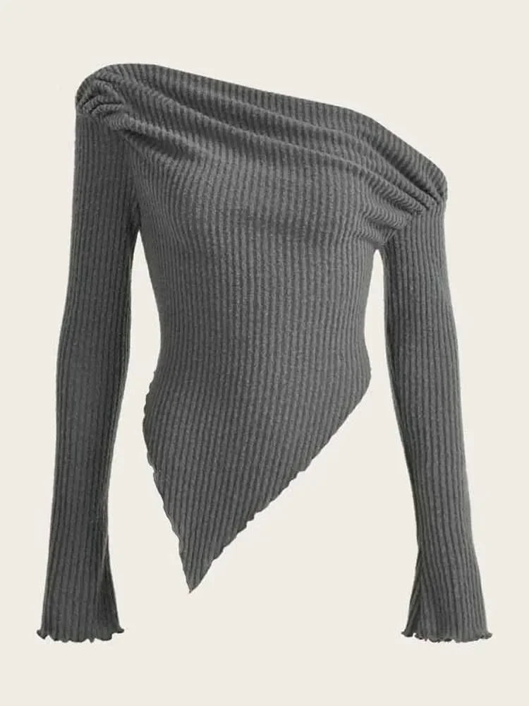 Women Solid Autumn Winter Grunge Asymmetrical Neck Rib-knit Tee Strapless Blouse Long Sleeve Casual Sweater Handkerchief Hem.