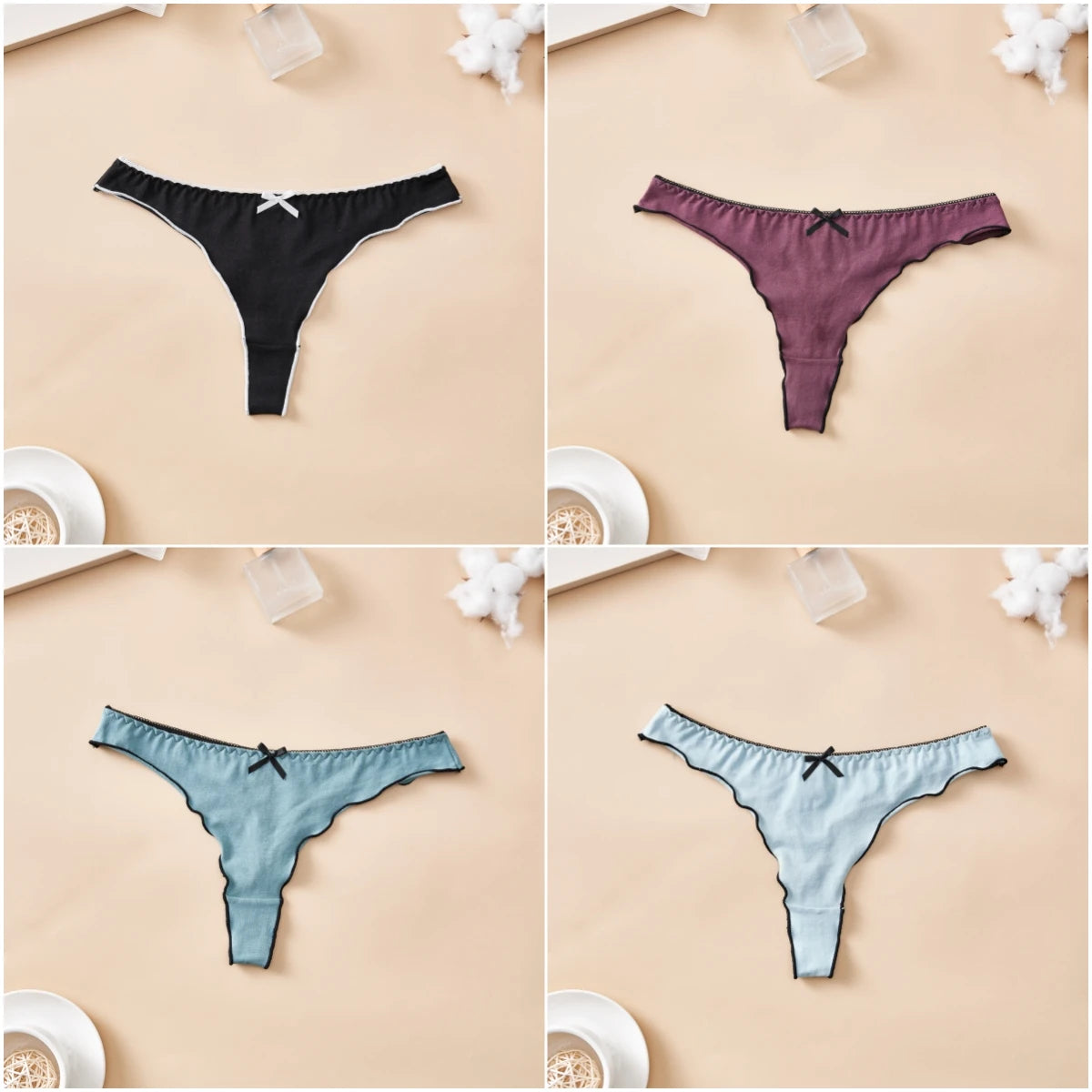 4pcs women's cotton solid color thong sexy comfortable women's underwear daily breathable T-back knitted bow cute girl low-waist