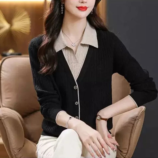 Gestrickte Frauen Top Lange Ärmeln Faux Zwei-Stück Pullover Frühling Herbst drehen-unten Kragen Modische Stilvolle Pullover Basis schicht Top.