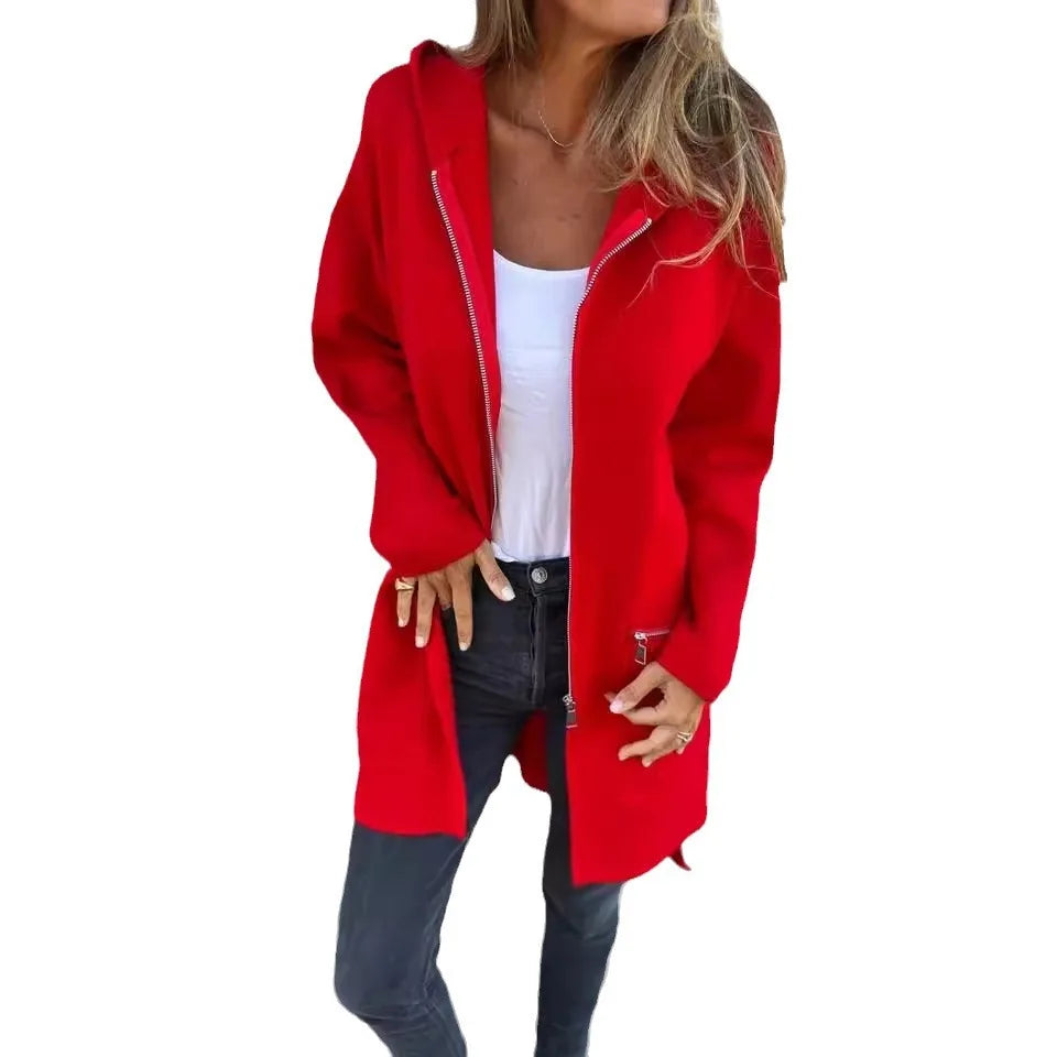 Herbst Winter Casual Zipper Mit Kapuze Jacke Frauen Langarm Strickjacke Mantel frauen Windjacke Beiläufige Gerade Jacken Rote Mäntel