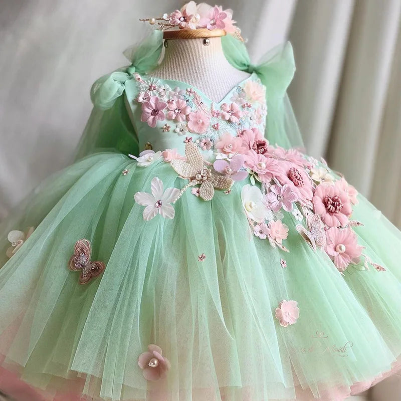 Luxuriöses und elegantes Schmetterlingsmädchen-Prinzessinnenkleid für 0–6 Jahre, formelle Jubiläumsfeier, flauschiges Kleid, Modellkunst, Aufführung