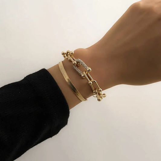 New Extendable Gold Color Metal Bracelet for Women Girls Snake Chain Hoop Link Ins Style Bracelet Jewelry Set.
