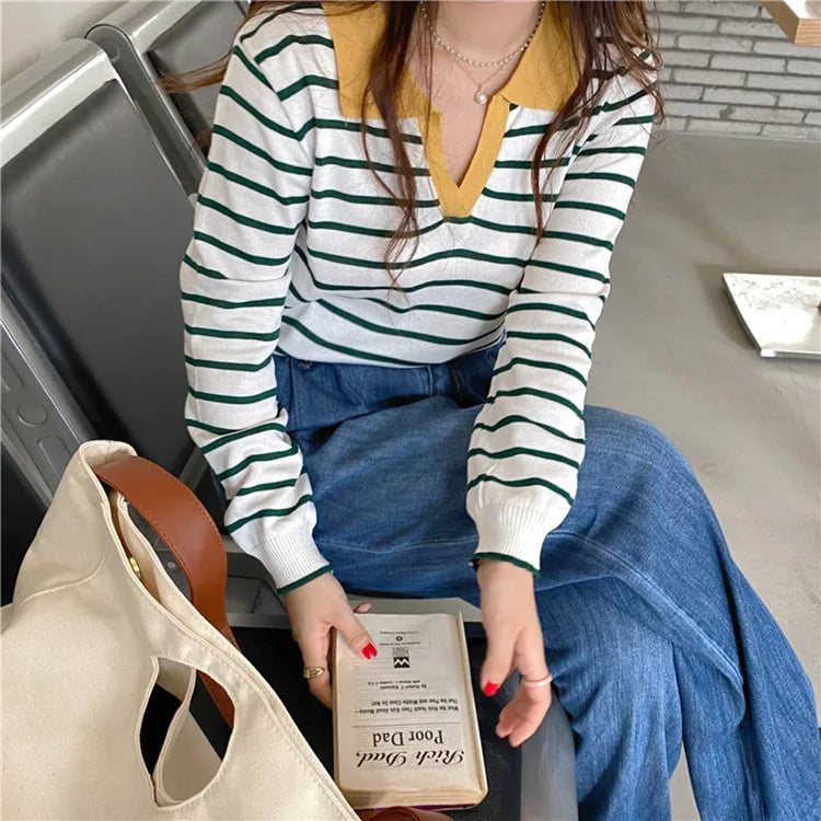 Gestreifter V-Ausschnitt Pullover Polo-Pullover Damen Frühherbst lässig All-Match-Tops Langarm Strick pullover Pullover Pullover