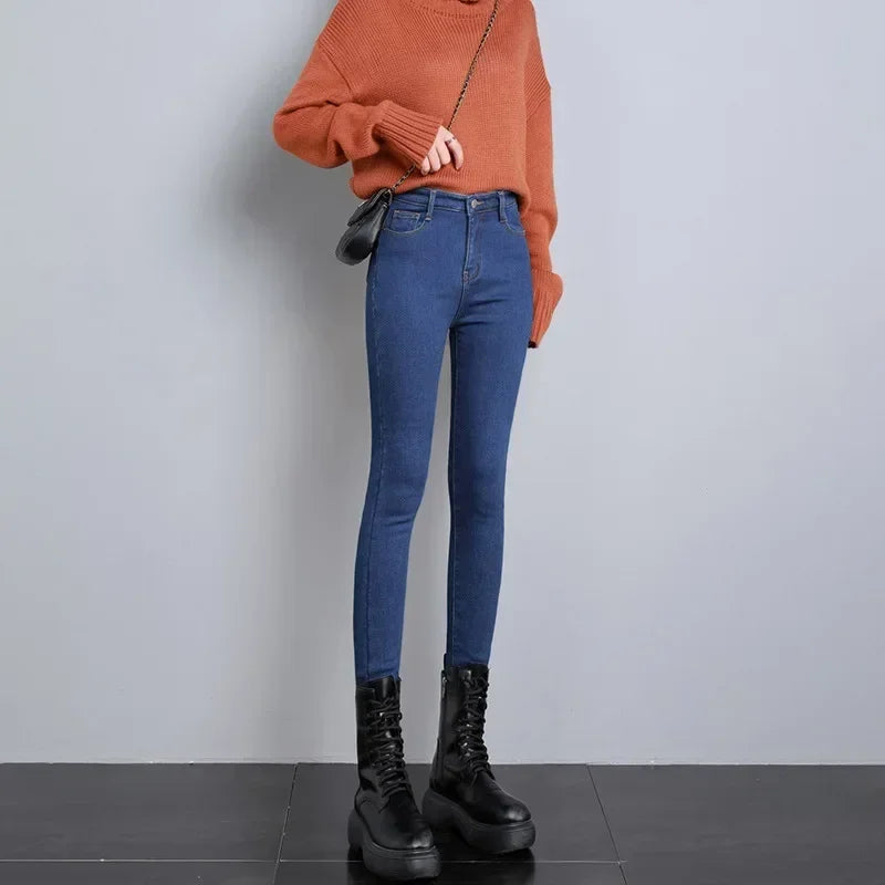 Frauen Thermische Dünne Jeans Mom Winter Warme Plüsch Stretch Jeans Dame Fleece Schnee Denim Hosen Student Bleistift Gerade Bein Hosen