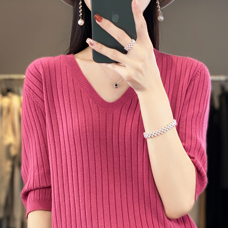 Frauen Pullover Frühling Sommer Kurzarm V-ausschnitt Strick Hemd Casual Koreanische Pullover Streifen Bodenbildung Shirt Slim Fit Jumper