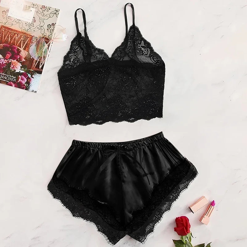 Sommer 2Pcs frauen Neue Sexy Spitze Sehen-Durch Pyjamas Schwarz Rosa Nette Kleidung Atmungsaktivem Hosenträger Shorts set
