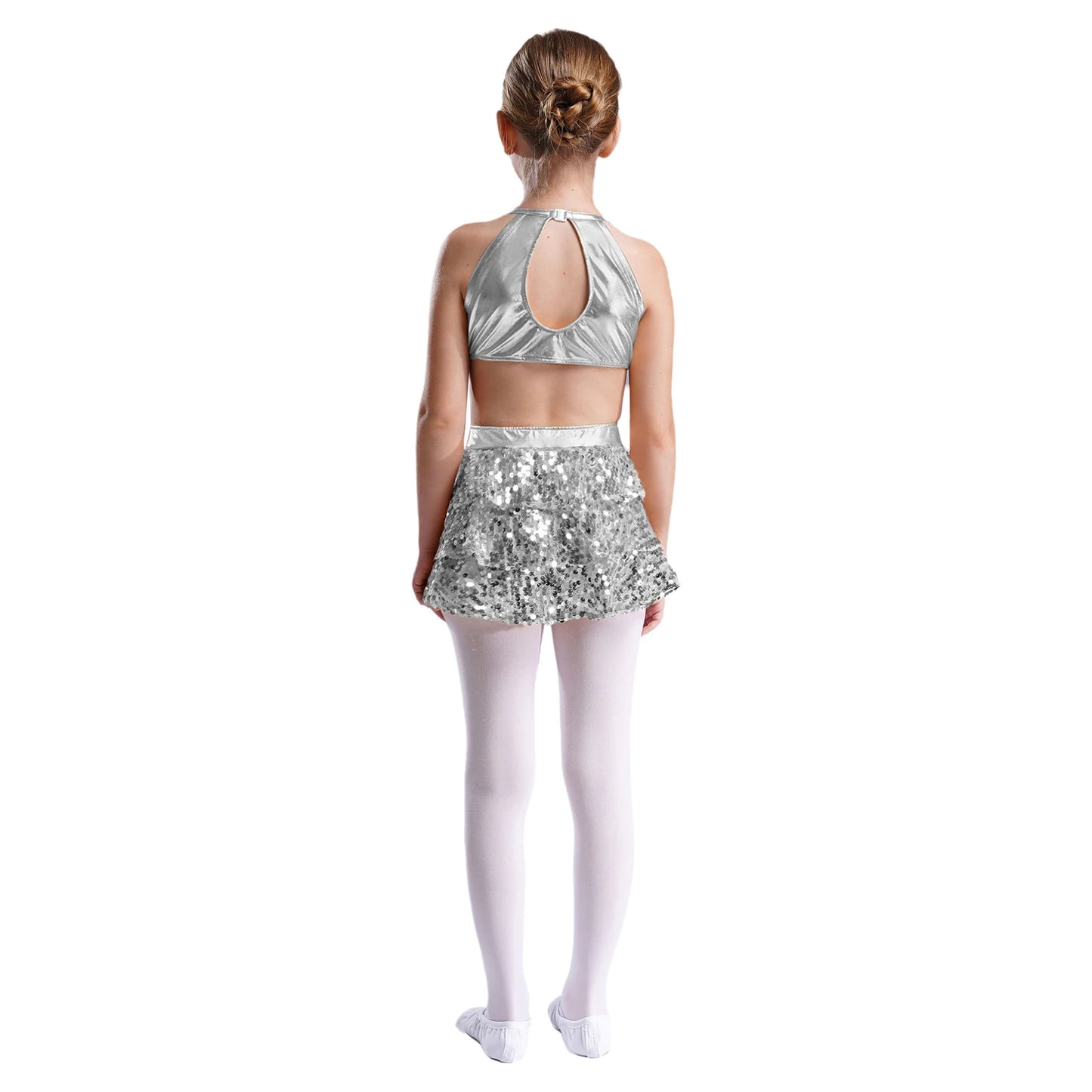 Kinder Mädchen Pailletten Jazz Ballett Tanzkleid Ärmellos Ausschnitt Tiered Rüschen Trikot Salsa Samba Rumba Skating Performance Kostüm