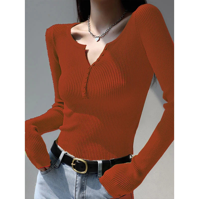 2026 weibliche Casual Tops Pullover Warme V-ausschnitt Frauen Herbst Winter Gestrickte Dünne Pullover Feste Taste Volle Hülse Pullover