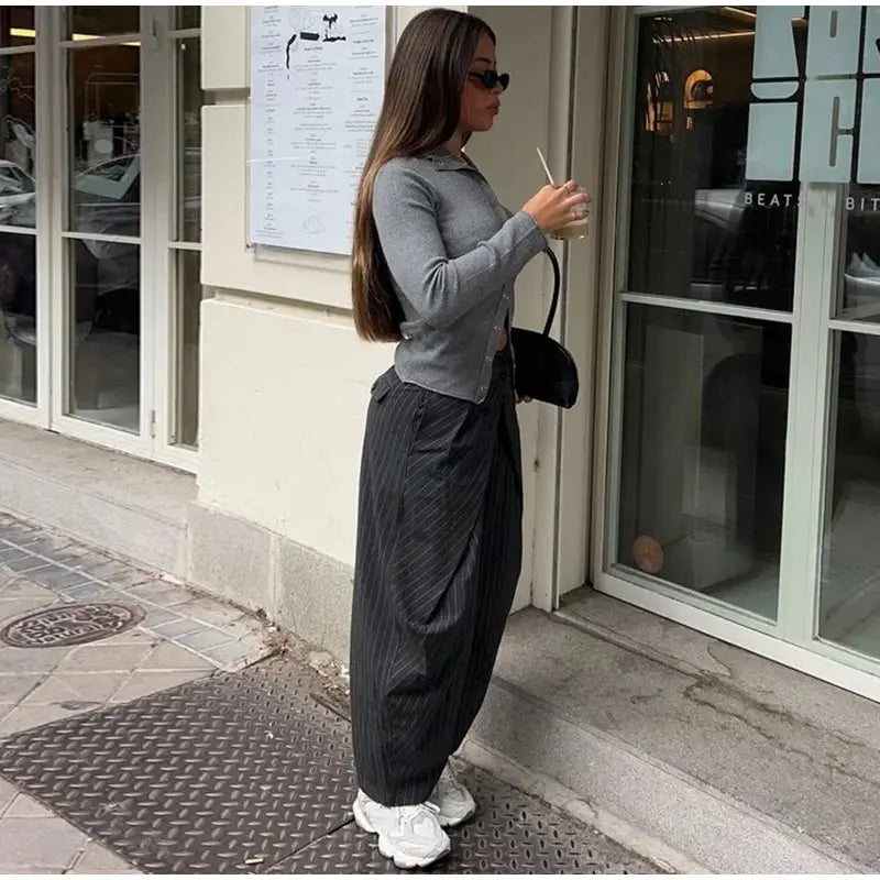 Chic Zwei Tasten Gestreiften Gefaltete Hosen Frauen Lose Taschen Breite Bein Hosen Weibliche 2026 Frühling Dame Pendeln Alle-spiel hose Neue