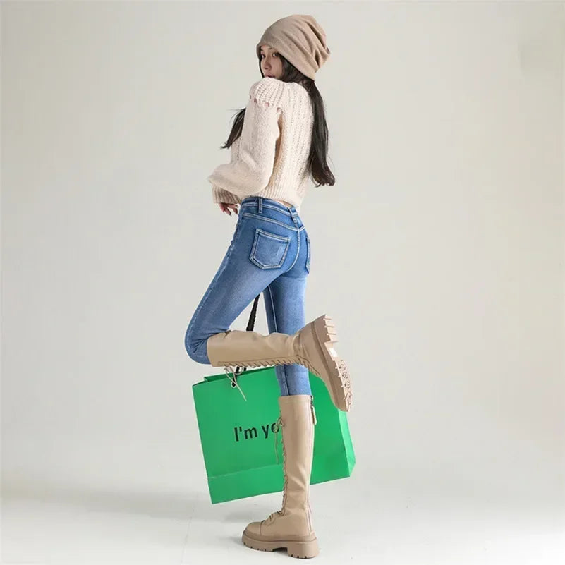 Frauen Thermische Dünne Jeans Mom Winter Warme Plüsch Stretch Jeans Dame Fleece Schnee Denim Hosen Student Bleistift Gerade Bein Hosen