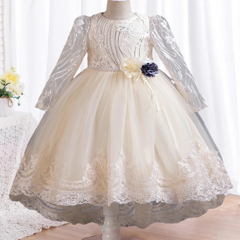Blumen mädchen Hochzeits kleid lang ärmel ige Spitze Kleid elegante Mädchen Kunst Leistung Prinzessin Kleid Mädchen Karneval Kleidung