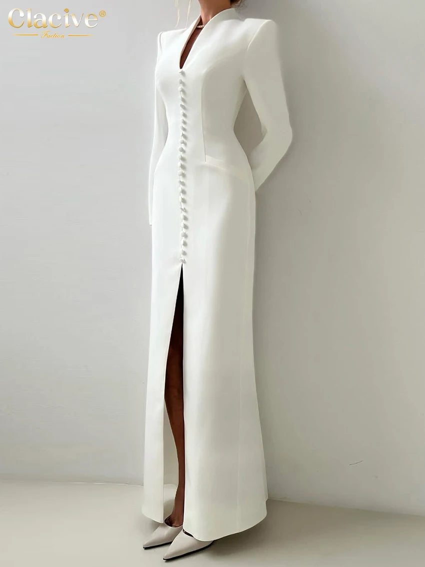 Clacive Sexy schlankes weißes Damenkleid 2025, modisches V-Ausschnitt, lange Ärmel, knöchellanges Kleid, elegantes, klassisches, geschlitztes Damenkleid