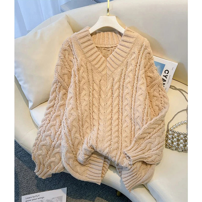 MEXZT Harajuku Pullover Frauen Mode Übergroßen Rosa V-ausschnitt Gestrickte Pullover Koreanische Langarm Strickwaren Winter Casual Jumper
