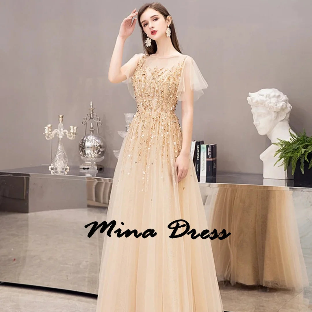 Mina Maßgeschneiderte, kurze Ärmel, elegante Partykleider 2024, Hochzeitskleider für formelle Anlässe, Spitzen-Ballkleider, Stickerei