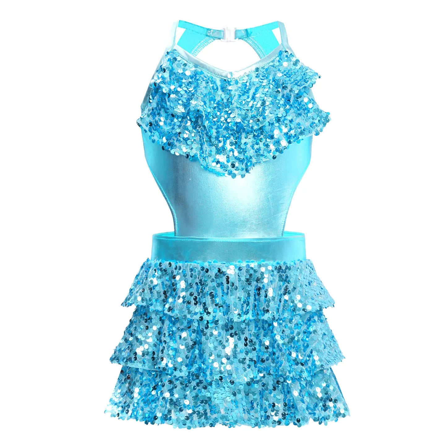 Kinder Mädchen Pailletten Jazz Ballett Tanzkleid Ärmellos Ausschnitt Tiered Rüschen Trikot Salsa Samba Rumba Skating Performance Kostüm