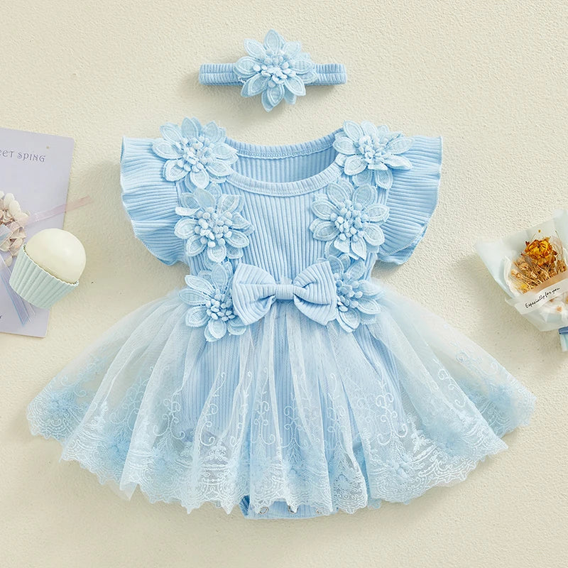 Visgogo Neugeborenen Baby Stram pler Kleid 2 Stück Outfits Mesh Spitze Patchwork Rüschen Bodysuit und Stirnband süße Sommerkleid ung