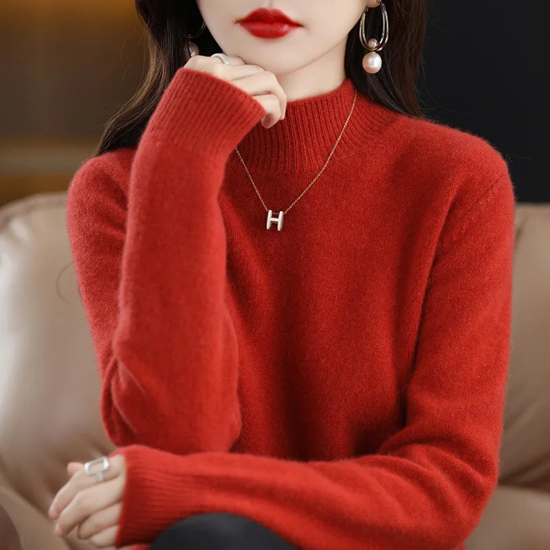 Herbst Winter Frauen Pullover Koreanische Mode Warme Bodenbildung Shirts Halb Hohe Kragen Grundlegende Strickwaren Solide Langarm Pullover