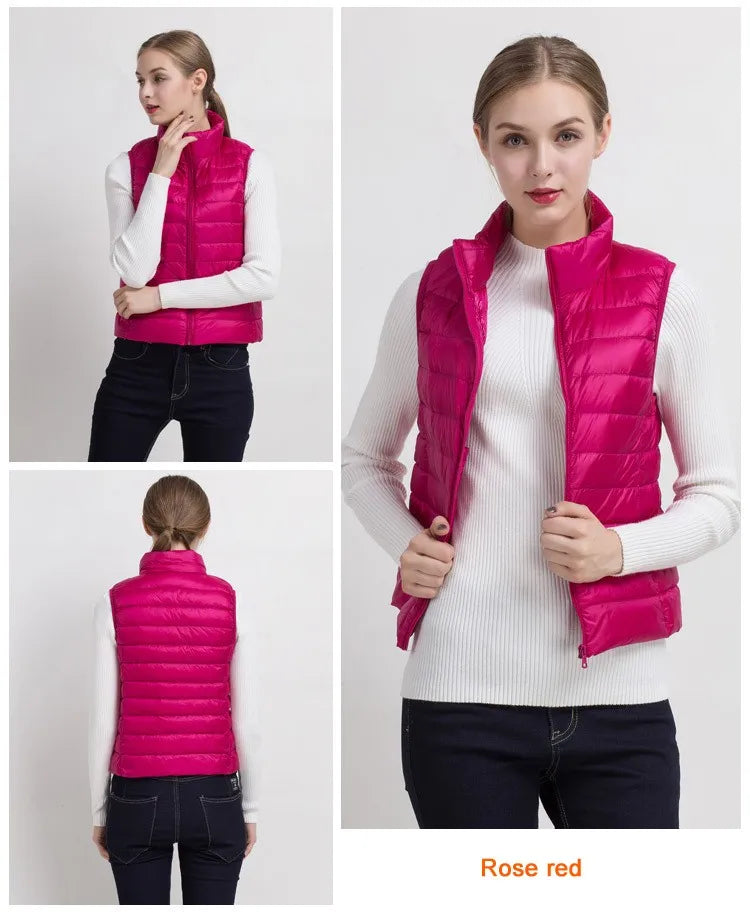 0-10 ℃ Frauen Westen Herbst Winter Ultra Licht Ente Unten Weste Weibliche Dünne Ärmellose Jacke Winddicht Warme Puffer Weste 4XL