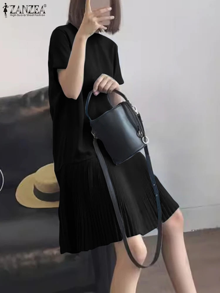 Zanzea lässig solide plissierte Kleid Frauen Sommer Kurzarm knielange Robe 2024 koreanische lose einfache Patchwork Vestido Overs ize