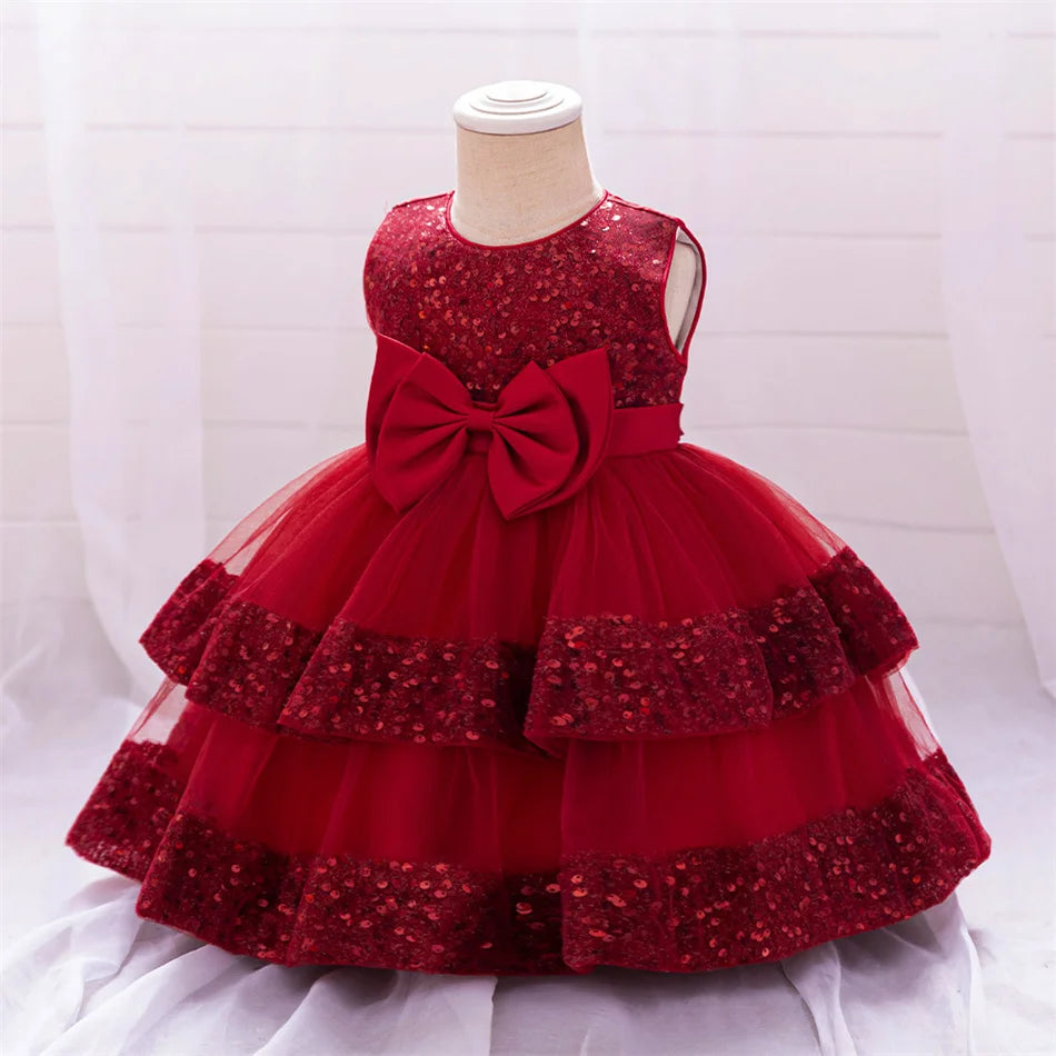 Kleinkind Rot Pailletten Mesh Kleid Mädchen Baby Einfarbig Neue Jahr Party Formale Kostüm Leistung Prinzessin Kleid Geburtstag Kleidung