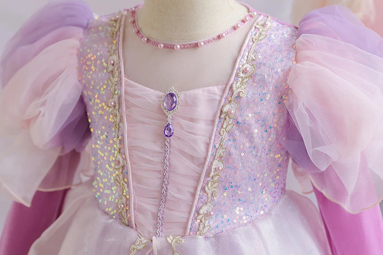 Wunderschönes Mädchenkleid, Puffärmel + lange Ärmel, Netzbedeckung, geeignet für Tänze, Partys, Auftritte, Host-Verkleidung