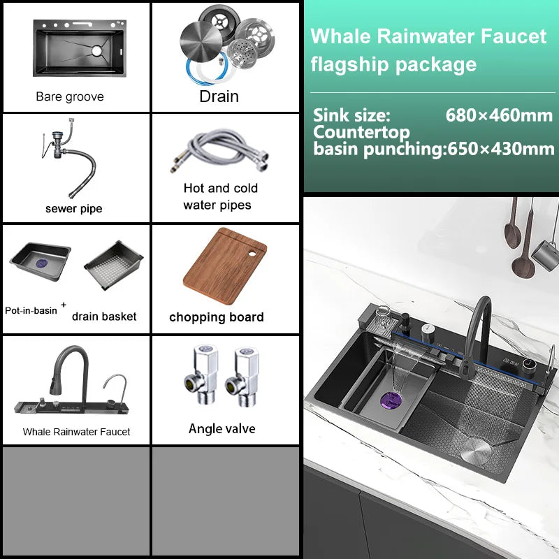 Stainless Steel Waterfall Kitchen Sink Extra Large Single Slot Oversized Sinks Digital Display Dishwashing Basin