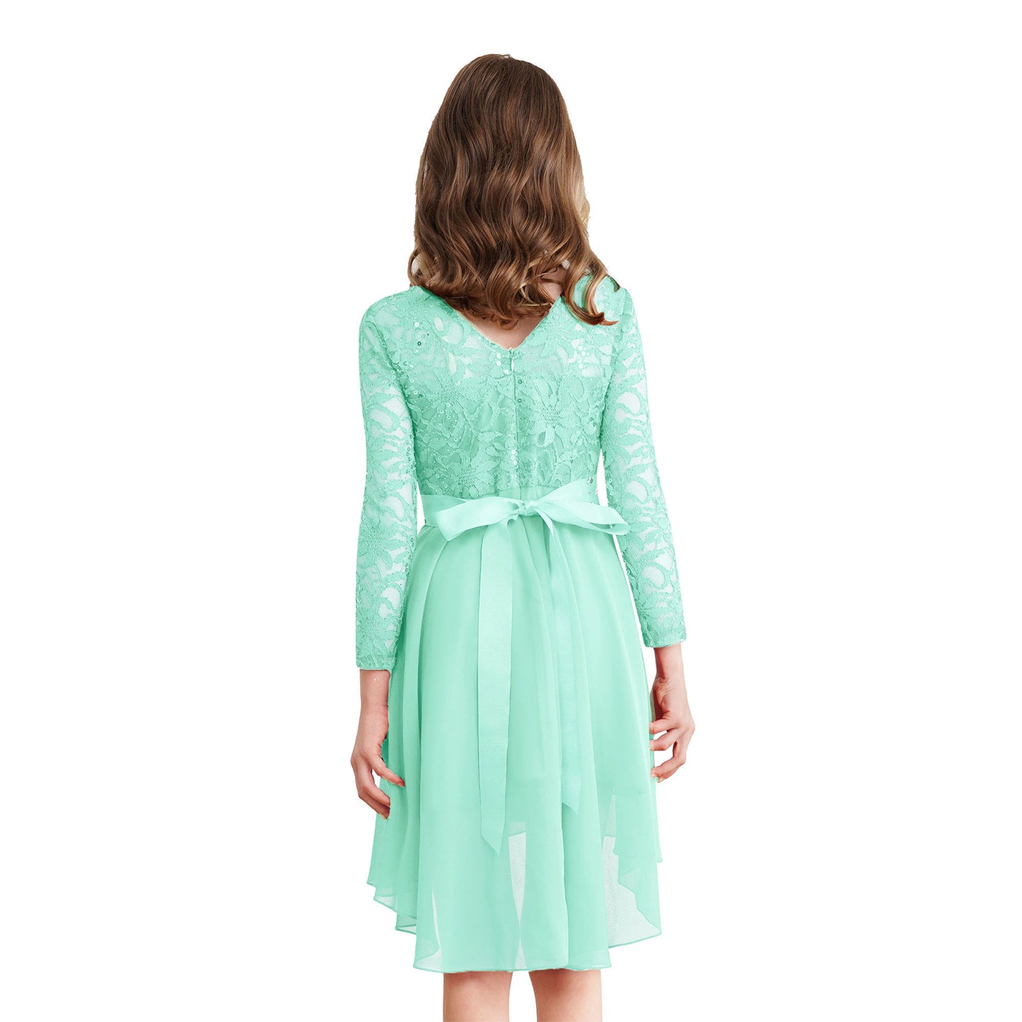 Elegantes Spitzen-Partykleid für Kinder, Mädchen, Chiffon, Spleißen, langärmelig, Kleid mit hohem und niedrigem Saum und Strass-Schärpe für Hochzeit, Geburtstag