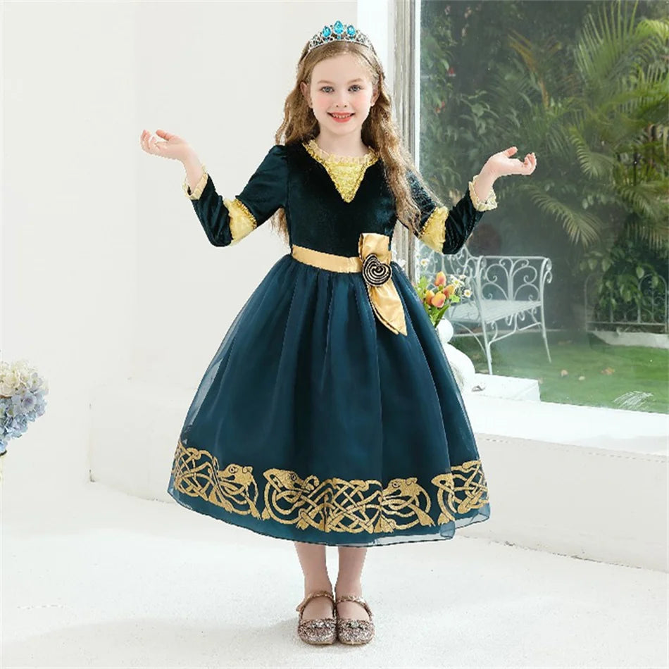 Girls Merida Cosplay Princess Dress Children Stage Performance Clothes Kids Halloween Carnival Party Long Sleeves Outfits