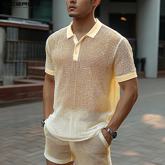 Men Short Sets Fashion Hollow Out INCERUN Two-piece Suits Men's Sets Streetwear Short Sleeve Tops Shorts Men's Clothing Summer.