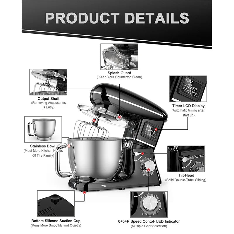Commercial Stand Mixer 1500W, 6.5L Stainless Steel Bowl 6-Speed, Silent Design Smart Display Multi-Functional Dough Mixer.
