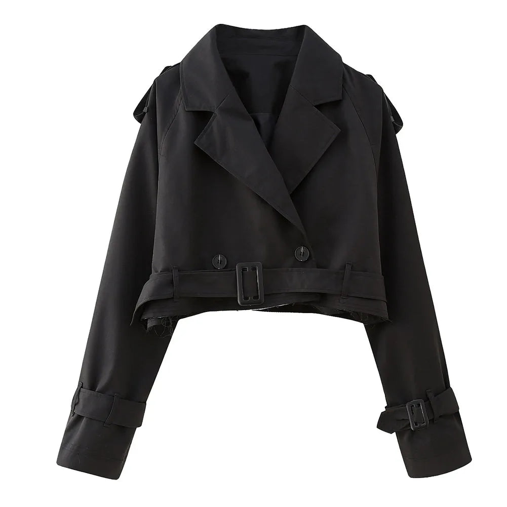 Frauen kurze Blazer Jacken Herbst elegante Vintage einfarbige Langarm Zweireiher Trenchcoat mit Gürtel