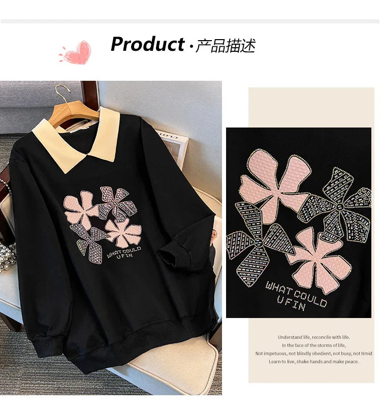 170 kg Plus Size Damen-Büste 170 Frühling Herbst Loose Diamond Collared Sweatshirt Schwarz 4XL 5XL 6XL 7XL 8XL 9XL
