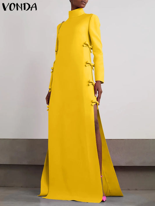 Plus Größe VONDA Frauen Lange Maxi Roben Kleid 2024, Elegante Chinesische Stil Bowknot Stehkragen Party Schlitz Sommerkleid Vintage Vestidos.