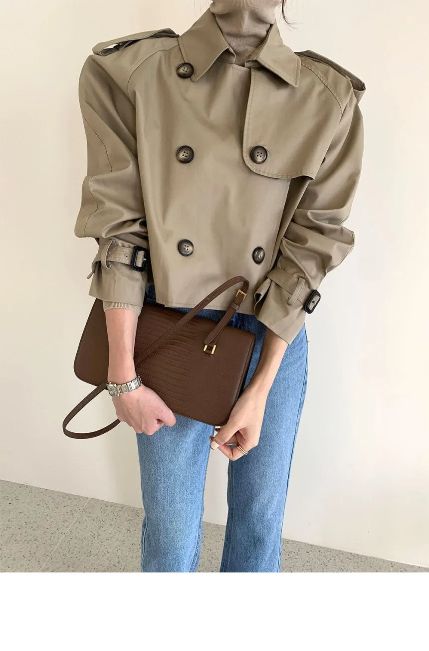 Vintage Zweireiher Graben Jacken Frauen Lose Chic Büro Dame Crop Tops Herbst Weibliche Mäntel Alle-spiel Lose Windjacke