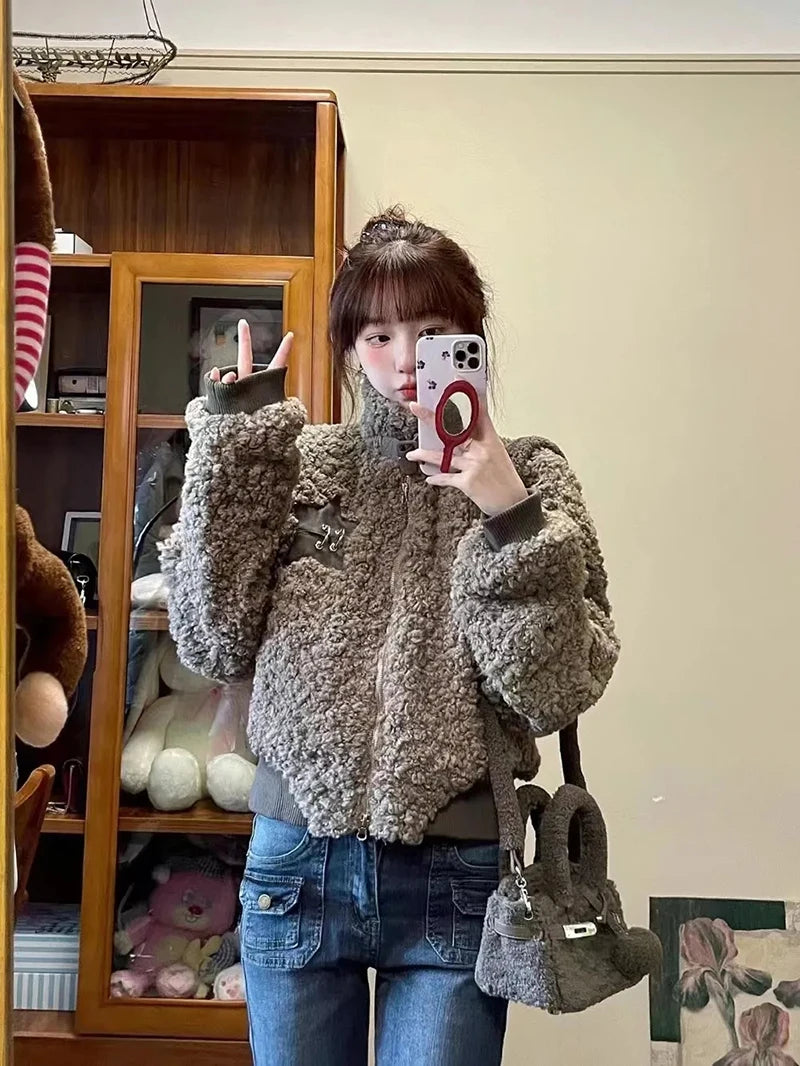 Winter Lamm Wolle Vintage Jacke Frauen Stehen Kragen Faul Wind Casual Zipper Mäntel Langarm 3D Dekoration Lose Geerntete Jacken