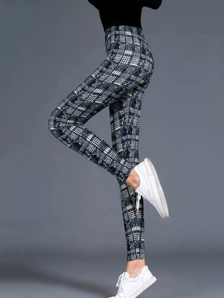 CUHAKCI Mode Plaid Druck Leggings Frauen Sexy Fitness Leggins Grid Floral Streifen Hosen Hohe Taille Bleistift Hosen