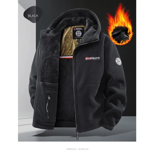 CHUJIE Men's autumn and winter fleece fashion graphenewarm hooded jacket outdoor hiking sports with thick fleece cardigan jacket.