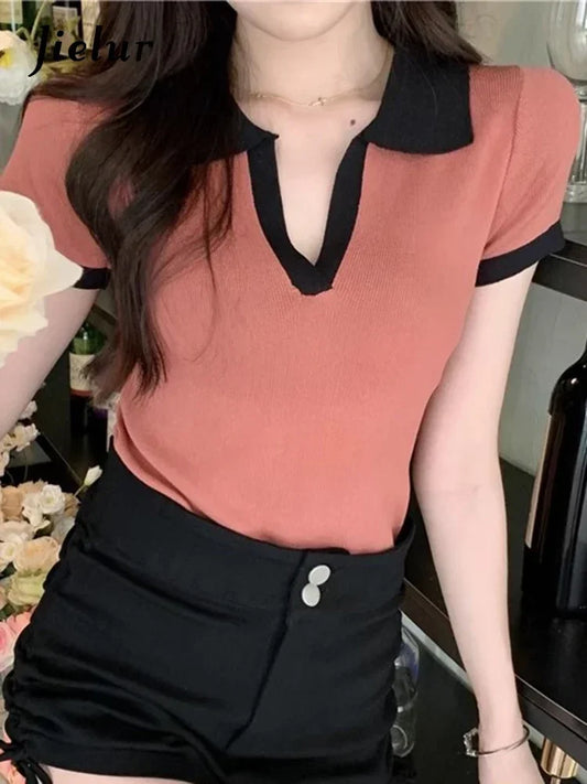 Jielur Spell Color Polo Knitting Women's Blouses Slim Sexy Short Sleeve Summer New Casual Female Blouse Chic Simple Office Lady.