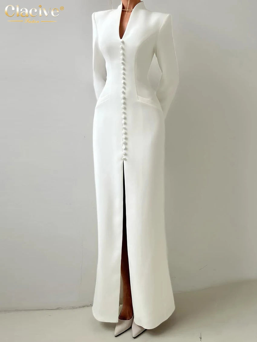 Clacive Sexy schlankes weißes Damenkleid 2025, modisches V-Ausschnitt, lange Ärmel, knöchellanges Kleid, elegantes, klassisches, geschlitztes Damenkleid