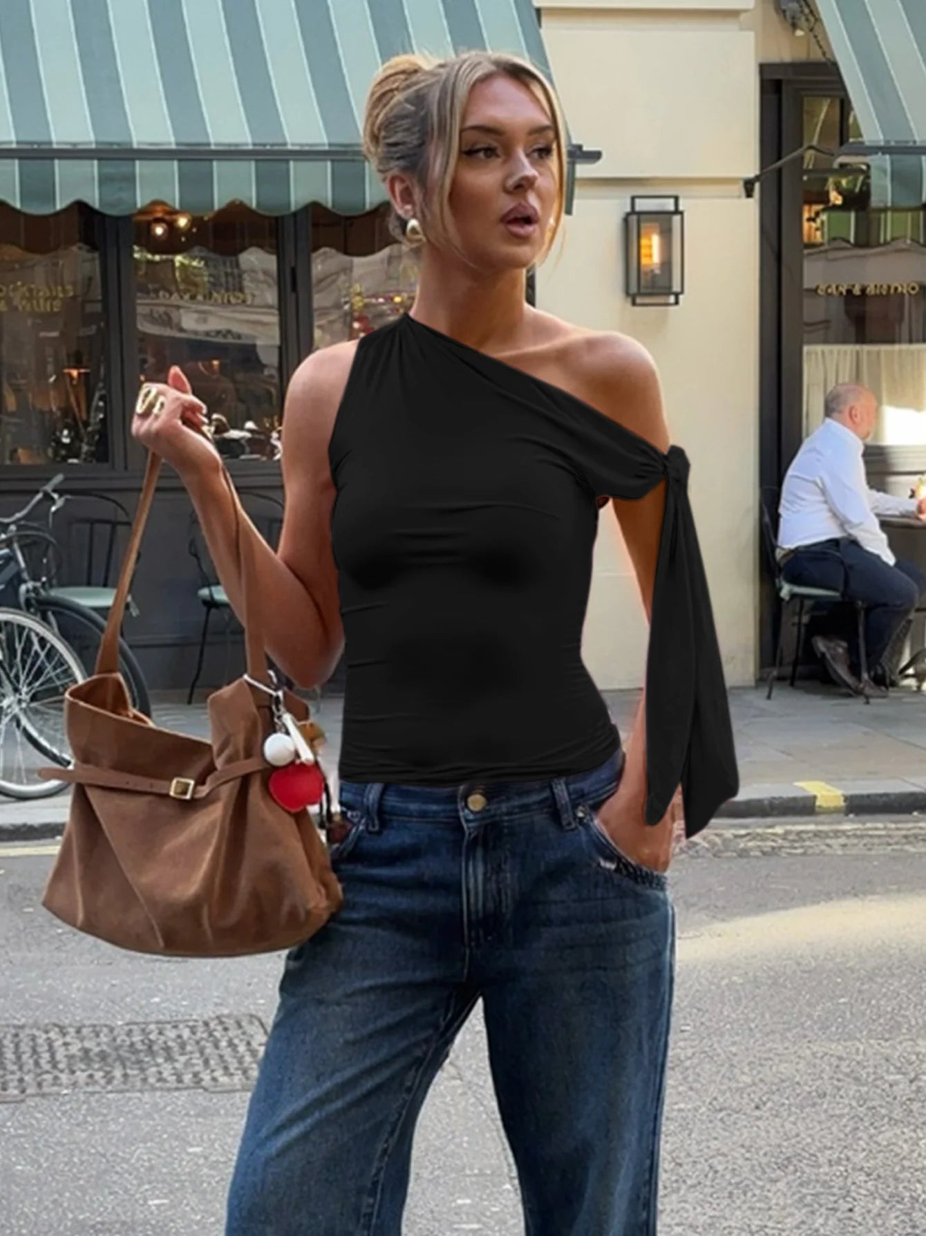 Dulzura Ladies Inclined Shoulder Sleeveless Slim Fit Lace Up Tank Top Solid Sexy Casual Y2K Top Party Club Street Summer Clothes