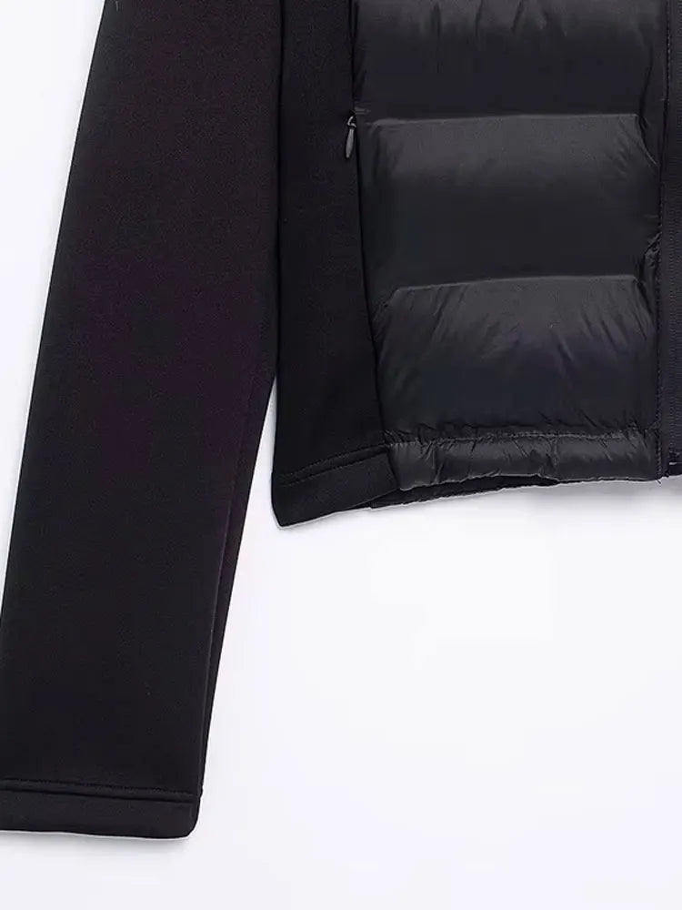 TRZA-Patchwork-gepolsterter Jackenmantel mit Kapuze und Taschen für Damen, lange Ärmel, Reißverschluss vorne, Damenoberbekleidung, schicke Oberteile, Mode